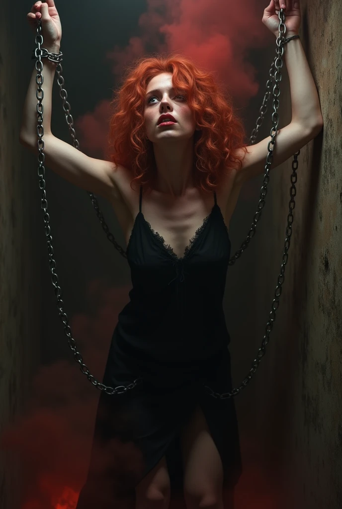(((realistic hands))). 1woman, a redhead slave chained to the wall, arms up, her body dangles attached to the chains. Standing with open chained legs. Wearing torn black dress. Expression of fear in her crying eyes. extremely photorealistic. natred woman, natred curly hair, The characters are surrounded by mist, evoking a mysterious and eerie atmosphere. The lighting is dark and atmospheric, with a red smoke adding a touch of sinister ambiance. The image is of the best quality, with a resolution of 4k and HDR enhancement, showcasing the utmost level of detail and realism, sfw, full body shot. View from above. (1woman), MFBP1, [[YES SWF]], the woman is grabbing the chains like weapons in a powerful way, the chains are on fire