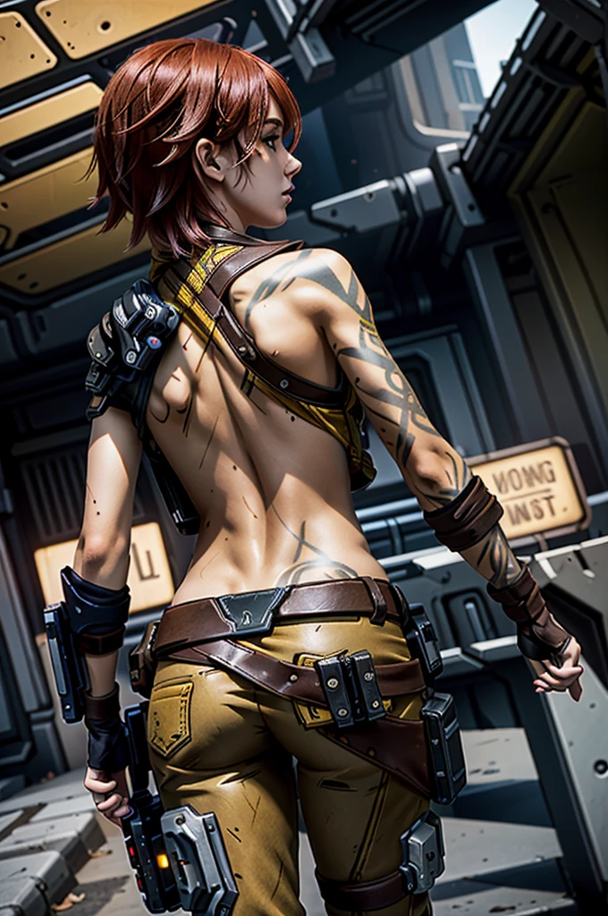 (masterpiece, best quality, cinematic lighting)
LilithBorderlands,  1girl, solo, red hair, yellow eyes, upper body, from behind, looking at viewer
  