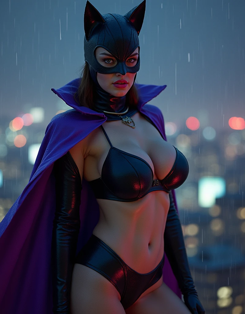 ((masterpiece,best quality)), Anne Hathaway，Catwoman，full body shot,absurdres,large breasts,(cleavage),pink glossy lips,artgerm
Huntress_JLU, cape, black and purple latex,mask,sinRevealingBikini,skindentation,sweaty,oily skin,shiny skin,nipple bulge,(cameltoe),(abs:0.5),
on top of a building,night sky and city lights in background, rain, cinematic composition, (dynamic pose), 