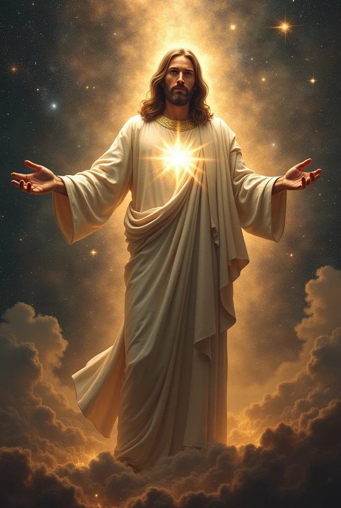 (photorealism:1.2), handsome Jesus Christ with tears focus in his face in the galaxy, wearing white king clothes with light in his head and heart spreading all over in the galaxy, perfect eyes tears, perfect Jesus Christ, real Jesus Christ, perfect five hands, perfect crying face, elegant, soft lighting, many stars, stand straight, realistic, intricate details, warm colors, by Earl Cornelio Necor