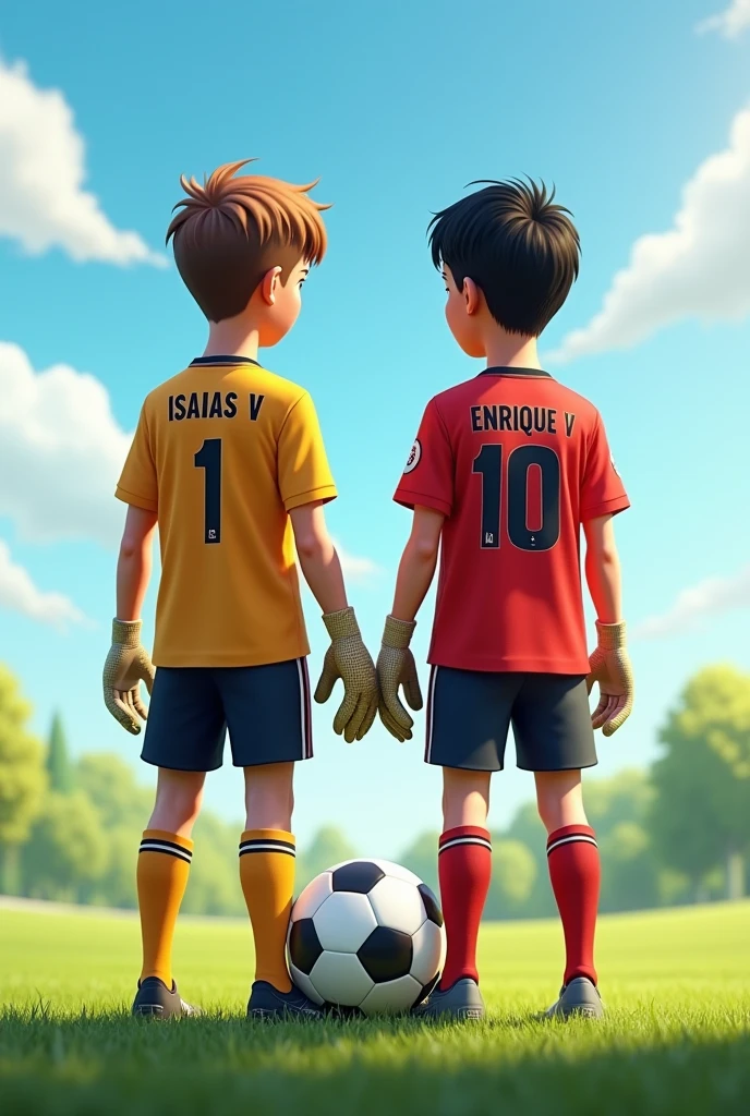 Two teenage brothers, between 13 years and 14 years, They both have the same height, They are standing in the middle of a soccer field.
One is white skin, short straight light brown hair, Brown eyes, He has a soccer goalkeeper's uniform with soccer gloves with the number 1 on his back that says ISAIAS V.
The other is light brown skinned with straight black hair., He has a football uniform with the number 10 on the back and says ENRIQUE V .
.
There is a ball in the middle of them