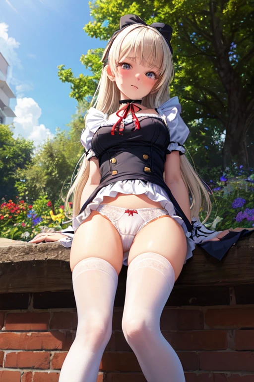 beautiful girl, cute, young, small limbs, Big Breasts, Embarrassed face, large ribbon on the head, Slim Lolita Fashion, Thin maid clothes, Thin white tights, Frills, Clothes with lots of ribbons, 薄いFrillsの服, (Pure white panties), Knee socks with ribbon, Knee-high socks, Red Shoes, choker, Highest quality, masterpiece, High resolution, 4K, 超High resolution, Photorealistic:1.4, Symmetrical eyes, whole body, Put your arms behind your back, Spread your legs, Angle from below, garden