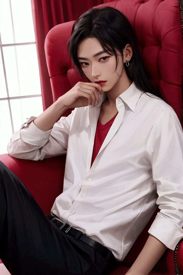 Korean man
black hair color
Light pink lipstick
The eyes are the same.
The nose is slender and prominent.
wearing a black necklace
wearing gold earrings
Wear a white shirt.
black pants
Wear a black belt
sitting on a chair