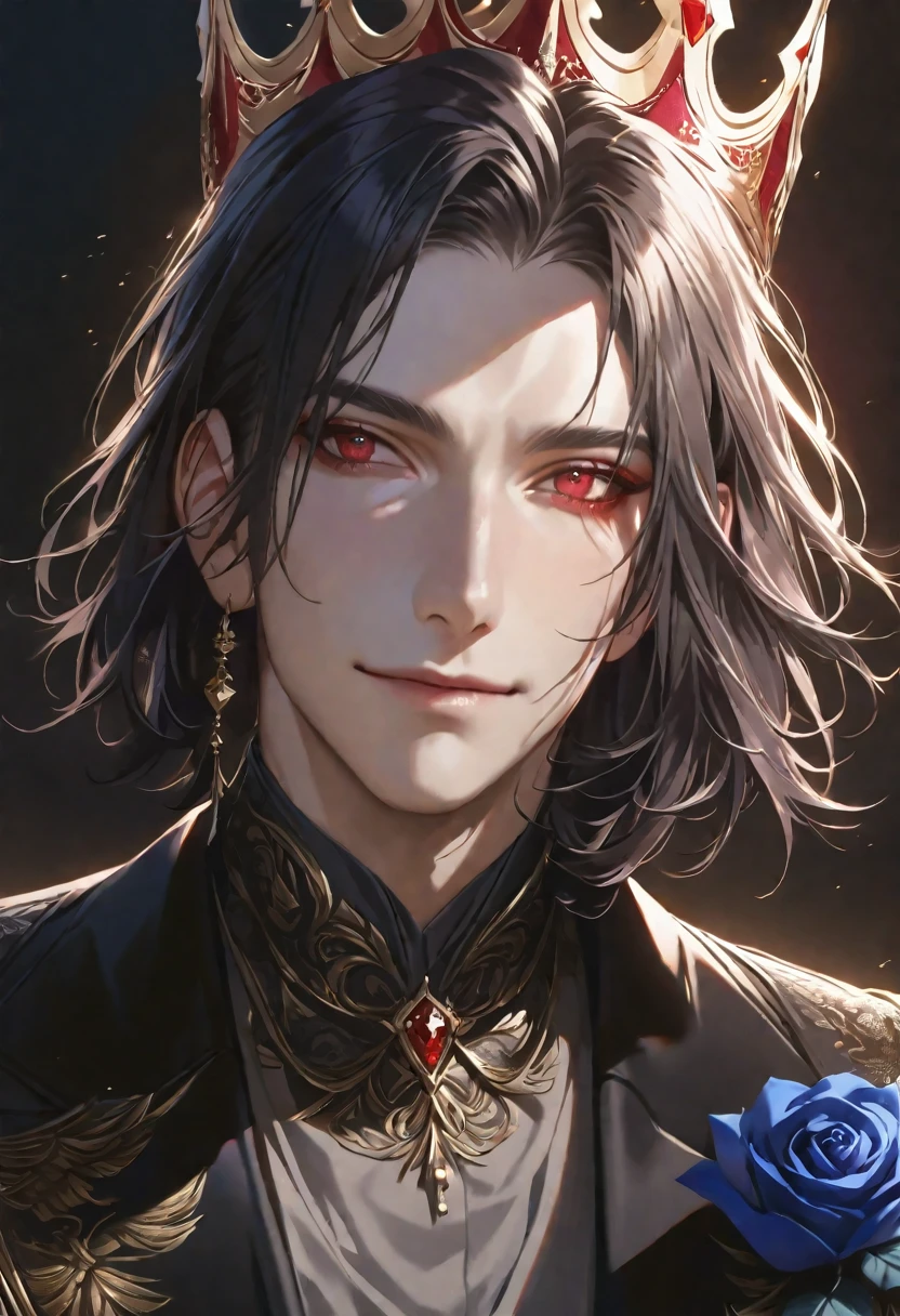 1 handsome man, realistic portrait, solo, long straight black hair, bob haircut, crimson red eyes, fearless beautiful smile, sexy, black suit, noble, crown, thin, blue rose tattoo, black background, high resolution, sitting, darkness, demon, backlit, icon, close-up of windblown hair, side braid