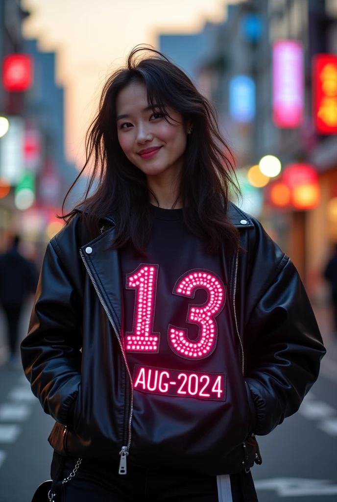 A playful image of a korean woman sporting a black leather jacket with glowing tag name "13 - AUG - 2024", standing confidently with one hip cocked and a mischievous glint in her eye. Framed against a bright city street at dusk, the vibrant colors of the jacket pop against the warm urban backdrop. Her hair is messy-chic, and a cheeky smile hints at a joke just waiting to be shared.