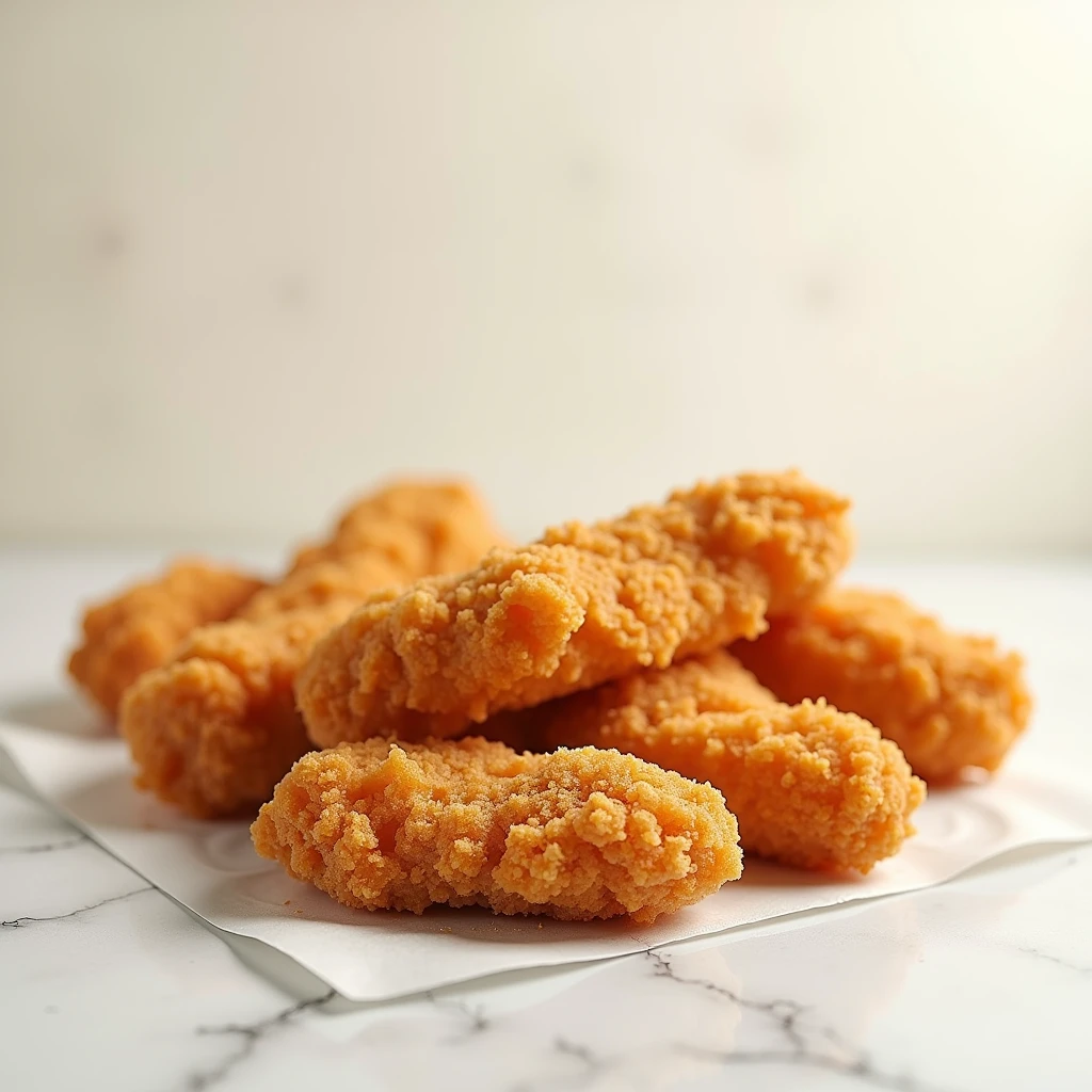 a bucket of fried chicken fillets with no branding on a white table with neutral shades, taken with a professional camera, intended for digital flyers, perfect framing, white background, realistic, professional photography, accurate, epic, gorgeous, stock photo, good lighting, reslistic textures, hyperrealistic, centered, easy to look, mockup
