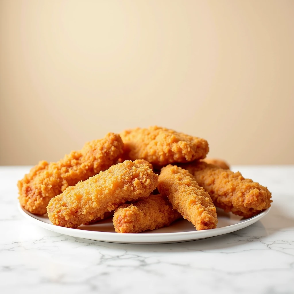a bucket of fried chicken fillets with no branding on a white table with neutral shades, taken with a professional camera, intended for digital flyers, perfect framing, white background, realistic, professional photography, accurate, epic, gorgeous, stock photo, good lighting, reslistic textures, hyperrealistic, centered, easy to look, mockup