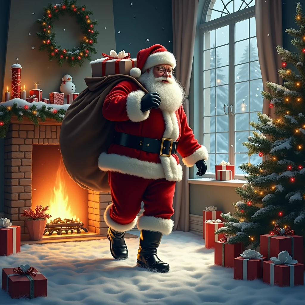 a santa claus sneaking to deliver presents, watercolor oil painting style, 1 old man, highly detailed, intricate details, soft lighting, warm colors, cinematic, masterpiece, photorealistic, 8k, best quality, ultra-detailed, dramatic atmosphere, cozy winter scene, christmas decorations, snow, fireplace, presents, sack of gifts