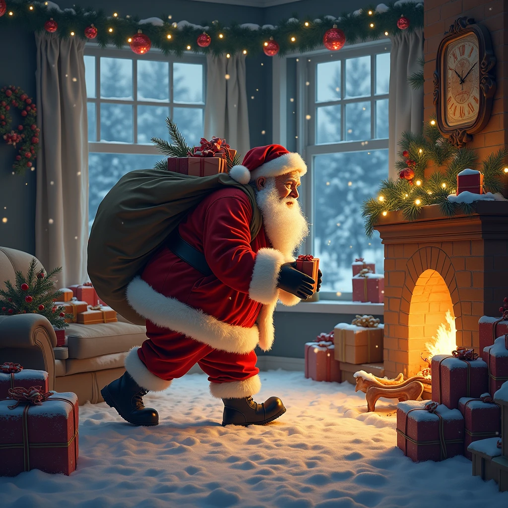 a santa claus sneaking to deliver presents, watercolor oil painting style, 1 old man, highly detailed, intricate details, soft lighting, warm colors, cinematic, masterpiece, photorealistic, 8k, best quality, ultra-detailed, dramatic atmosphere, cozy winter scene, christmas decorations, snow, fireplace, presents, sack of gifts