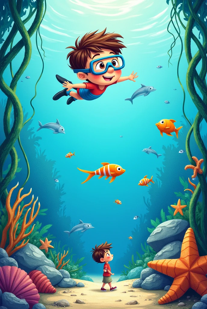 Create a 5-sided brochure with the following information: side 1: Portada
Image: A colorful drawing of a smiling boy with diving goggles, surrounded by fish and seaweed.
Text: "Holidays at the bottom of the sea"
Method 2: Explora el museo acuático
Image: An illustration of an underwater museum with fish swimming around statues and submerged objects.
Text: "Discover a magical world under the sea"
Method 3: Camina en el fondo del mar
Image: A drawing of a child walking on the bottom of the sea, surrounded by starfish and shells.
Text: "You don't know how to swim? In this destination you can walk on the bottom of the sea..."
Method 4: Juegos y aventuras
Image: An illustration of children playing with dolphins and doing water activities.
Text: "Enjoy games and adventures with new friends!"
Method 5: Join the adventure!
Image: A drawing of a boat that takes children to the underwater destination.
Text: "Reserve your place now and live an unforgettable adventure!"