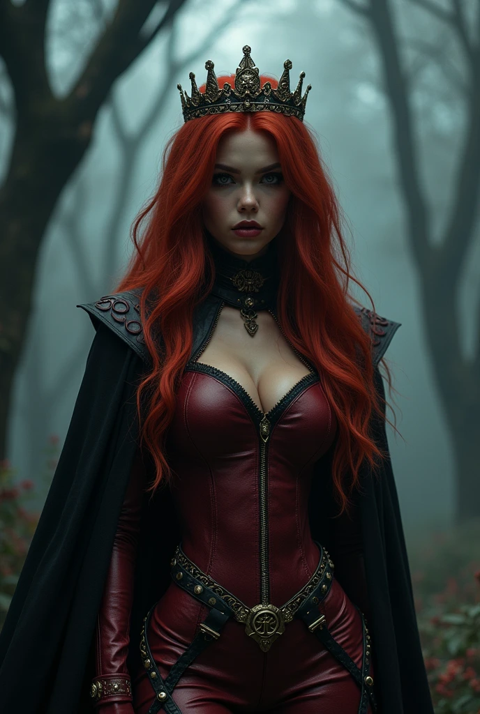 A dark-skinned girl with long wavy red hair,a tiara on the head, She is wearing a worn red wine-colored villain-type leather suit with black and gold details and a dark enchanted forest in the background.. That you can only see him from the waist up