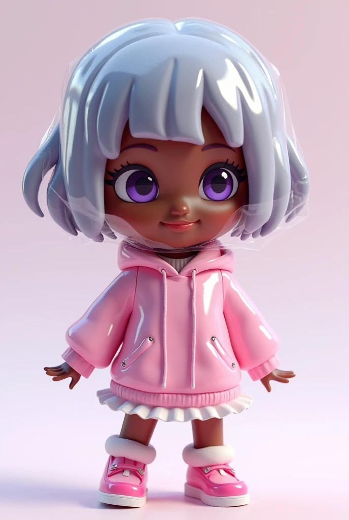 Dark Skin,Dark skinned girl,A young dark-skinned black woman wrapped in clear plastic, smile,Little, short hair,Grey Hair, Light background, 3D Toys, Active, Purple eyes,Frilly clothes, Cinema 4D, Octane Rendering, 3D Model, Nendoroid,Pixar,Big shoes , Fashion Trends, close, Full body --AR 3:4 --q 2 50 --niji 5 --niji 5 --s 100 --style expressive --s 2