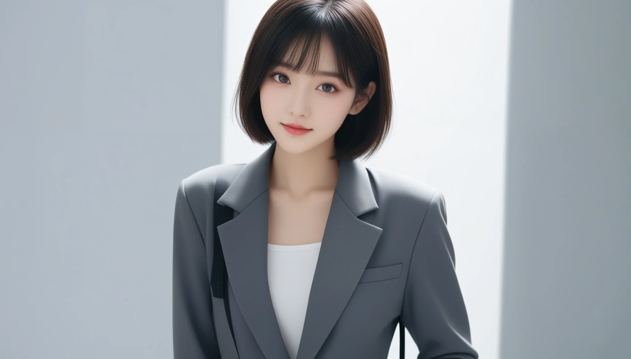 8k, Ultra-high resolution, Highest quality, masterpiece, 三分割法によるphotograph,Surreal, photograph, 1 Girl, (16 years old:1.3), pretty girl, Cute Face, 細部までBeautiful Eyes, 細かくdetailedに,masterpiece,One Girl:1.2,Japanese women,Young Wife,upper body,smile,Black hair,Bowl cut, Blazer uniform,(Beautiful attention to detail),Subtle details, detailedな顔, smile,Attractive girl,(女の子のポートレートphotograph:1.4),(Photorealistic images:1.4),Fantasy art,Gray background,(Beautiful Face:1.4),Beautiful and attractive eyes、Beautiful Eyes、(Tight waist:1.4)、(Beautiful girl with perfect body proportions:1.4),Pink Lips,Looking at the audience,(((Ideal body type))),A-cup small breasts :2,、Portraiture:2、Perfect Anatomy、鮮明なdetailed、detailed,Fashion magazine cover,Thin lips,完璧でBeautiful Face ,完璧でCute Face, Skin with attention to detail, Perfect limbs、Narrow waist,Surreal,Light and shadow,stage lights