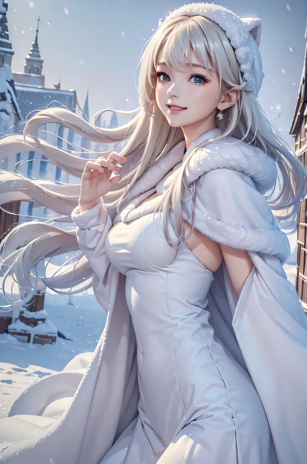 (the upper body:1.5).masterpiece、Highest quality、1 girl, winter, platinum blonde hair, Cute girl, smile, close mouse, medium breasts, sideboob:1.4, white dress, winter clothes, long skirt, Fur coat、Small waist、Thin legs、outdoors, front of the lake, snow falling, Prayer Pose, join hands, from side:1.5, side view,
