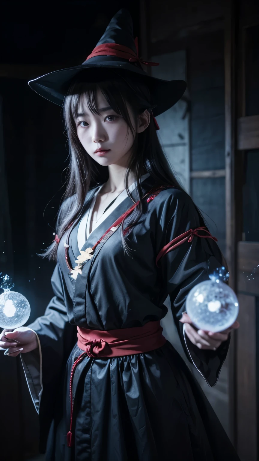 A young Japanese witch wearing a pointy witch hat and sporting a black and red gothic dress mixed with a kimono.realisitic, hyper realistic.