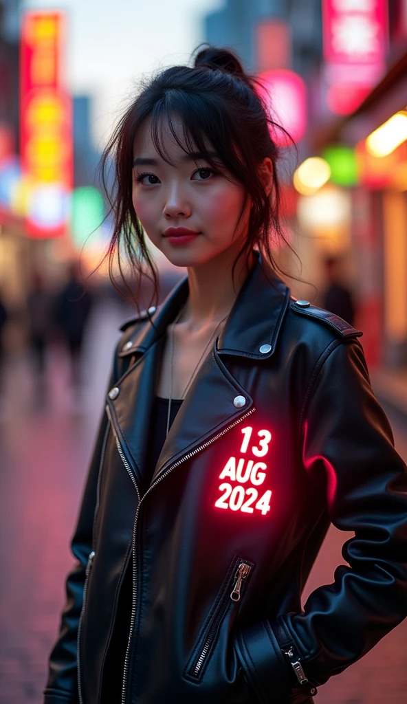 A playful image of a korean woman sporting a black leather jacket with glowing tag name "13 - AUG - 2024", standing confidently with one hip cocked and a mischievous glint in her eye. Framed against a bright city street at dusk, the vibrant colors of the jacket pop against the warm urban backdrop. Her hair is messy-chic, and a cheeky smile hints at a joke just waiting to be shared.