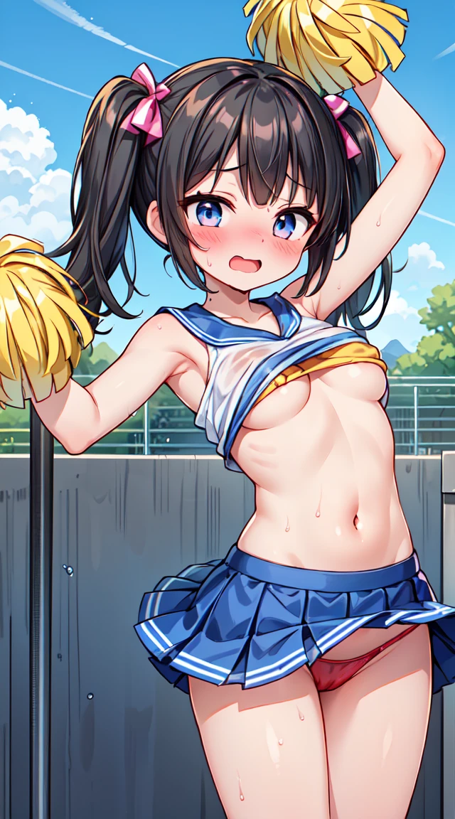 ,1 girl,li,,small breasts,pointy breasts,cleavage,underboob,sideboob,(blush),((embarrassed)),happy,wet,spread arms,open legs,(((clothes lift))),(see through),(((white cheerleader)), black hair, twintails,
