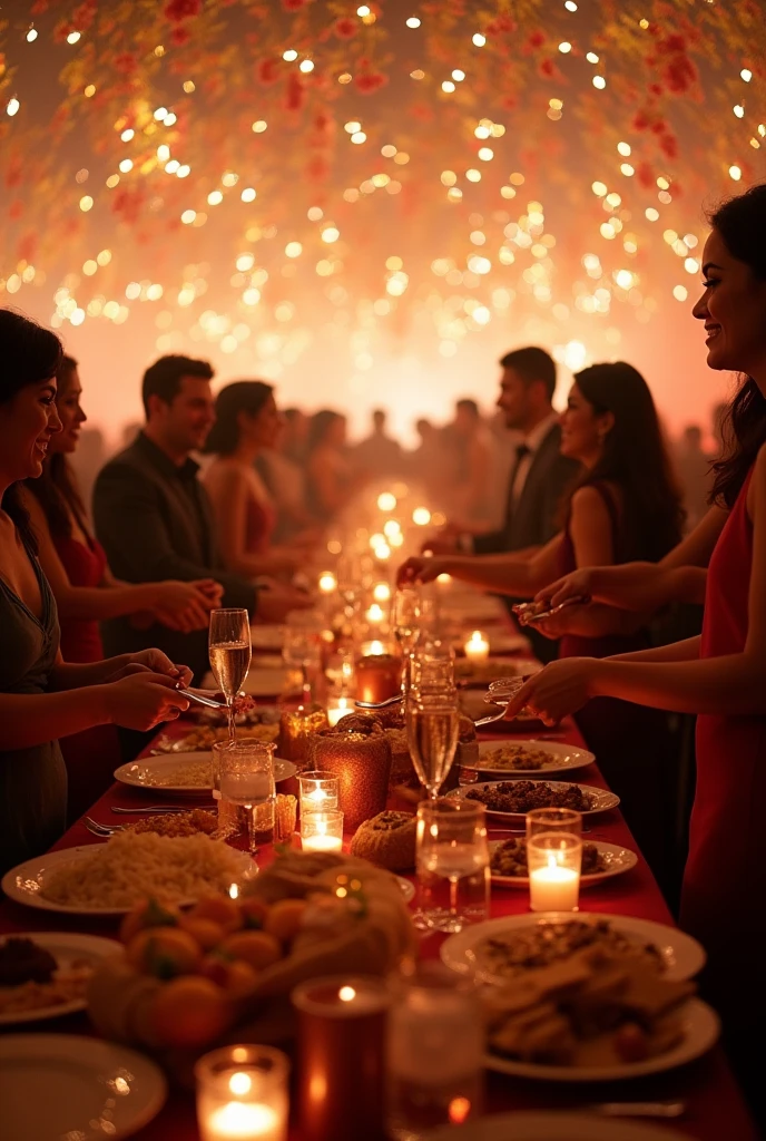 In a very sparkling and dazzling room、A lot of people、Very lively、Enjoying a buffet party