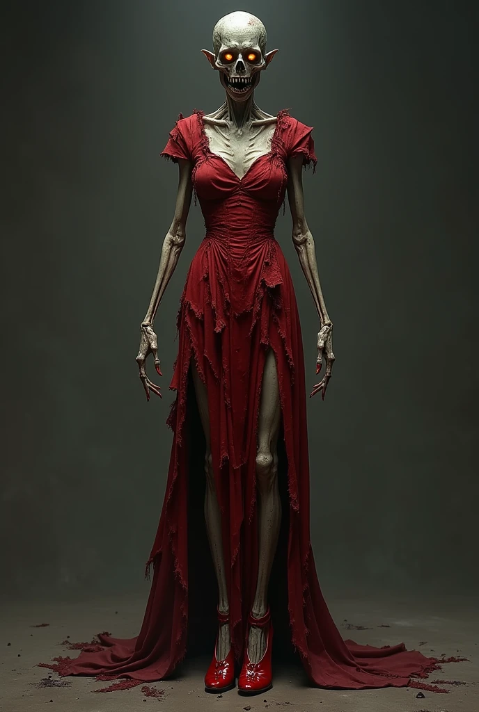 A lady with red Victorian dress which is torn and tattered in places, she has a menacing face, with spiky saw like teeth and devilish eyes she is screaming towards the screen, her figure is skinny and slender, her legs are very long like slit men from circus and she wears spiky red heels. Keep her face human and her skin pale. She should look old by face but not by her body