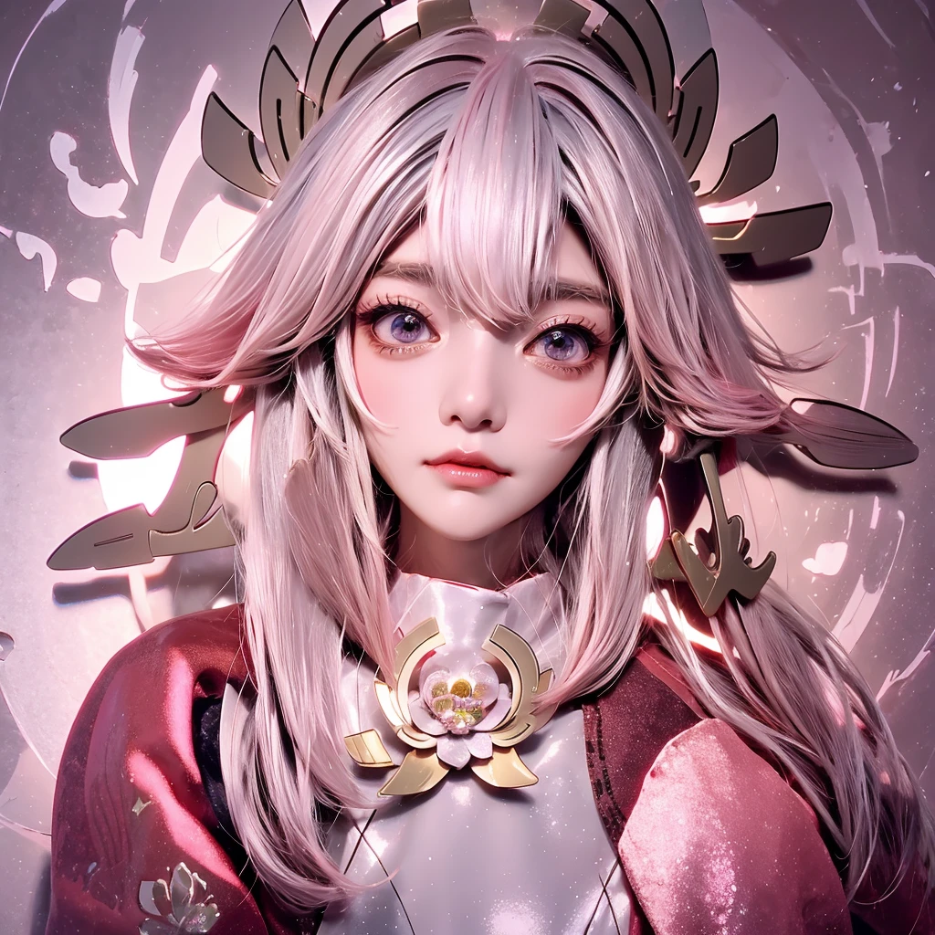 Cute Woman Japanese style Golden kimono Bob Hair Silver Hair Gorgeous large flower hair ornament Golden halo Big eyes Pink flowers background Silky skin round face