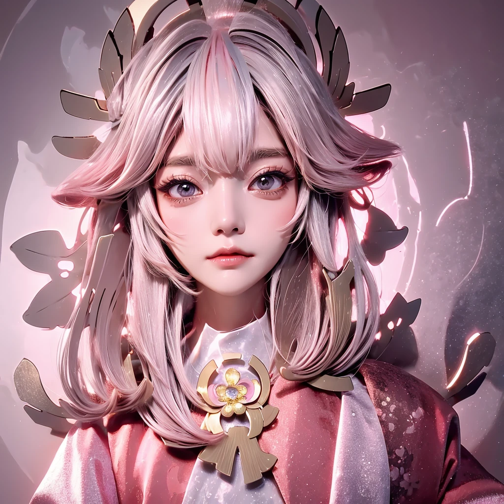 Cute Woman Japanese style Golden kimono Bob Hair Silver Hair Gorgeous large flower hair ornament Golden halo Big eyes Pink flowers background Silky skin round face