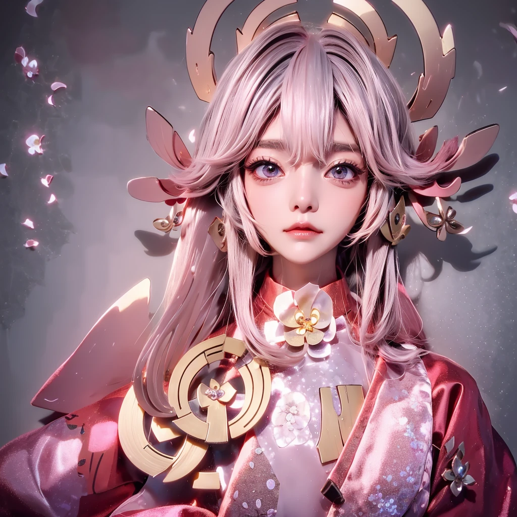 Cute Woman Japanese style Golden kimono Bob Hair Silver Hair Gorgeous large flower hair ornament Golden halo Big eyes Pink flowers background Silky skin round face