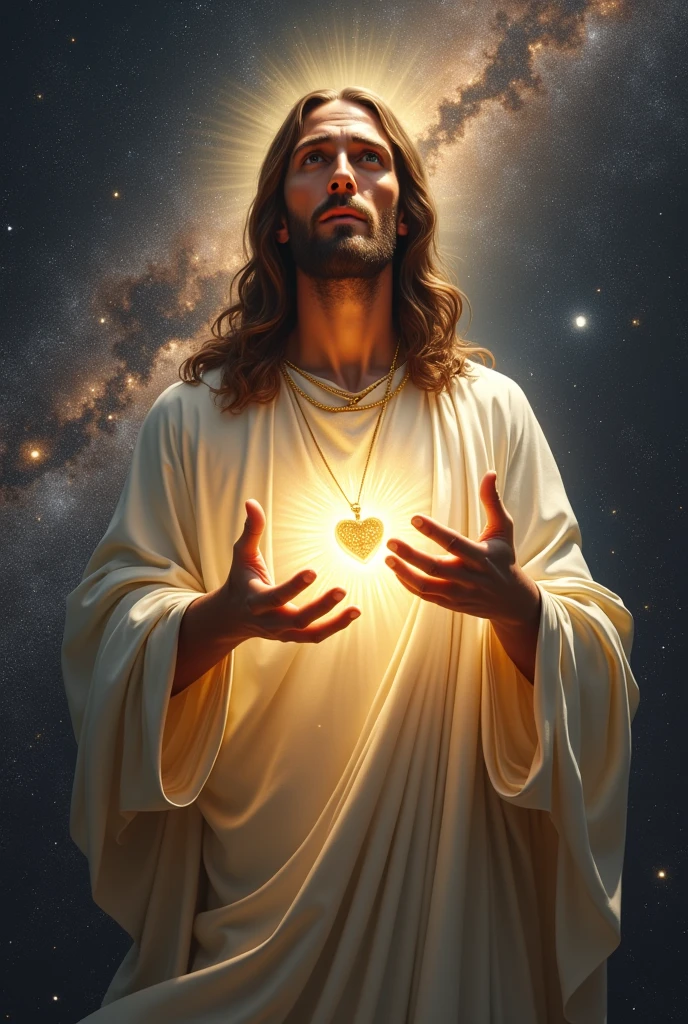 (photorealism:1.2), handsome Jesus Christ with tears focus in his face in the galaxy, wearing white king clothes with light in his head and heart spreading all over in the galaxy, perfect eyes tears, perfect Jesus Christ, real Jesus Christ, perfect five hands, perfect crying face, elegant, soft lighting, many stars, stand straight, realistic, intricate details, warm colors, by Earl Cornelio Necor