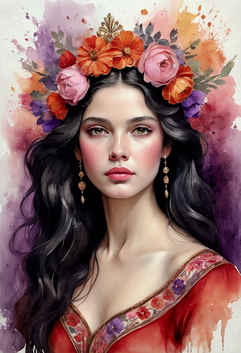 Create a highly detailed digital painting, mixing realism with watercolor of a young woman with long, wavy black hair, adorned with a crown of large, vibrant flowers in shades of red, orange and purple. The flowers are intricately arranged around her head, contrasting beautifully with her fair skin. The woman is dressed in a red dress that complements the flowers, adding elegance to her look. Her expression is serene and soft, with slightly sparkling eyes and softly pink lips. The background is light with watercolor strokes, and smoky, highlighting the artistic and floral theme of the image."