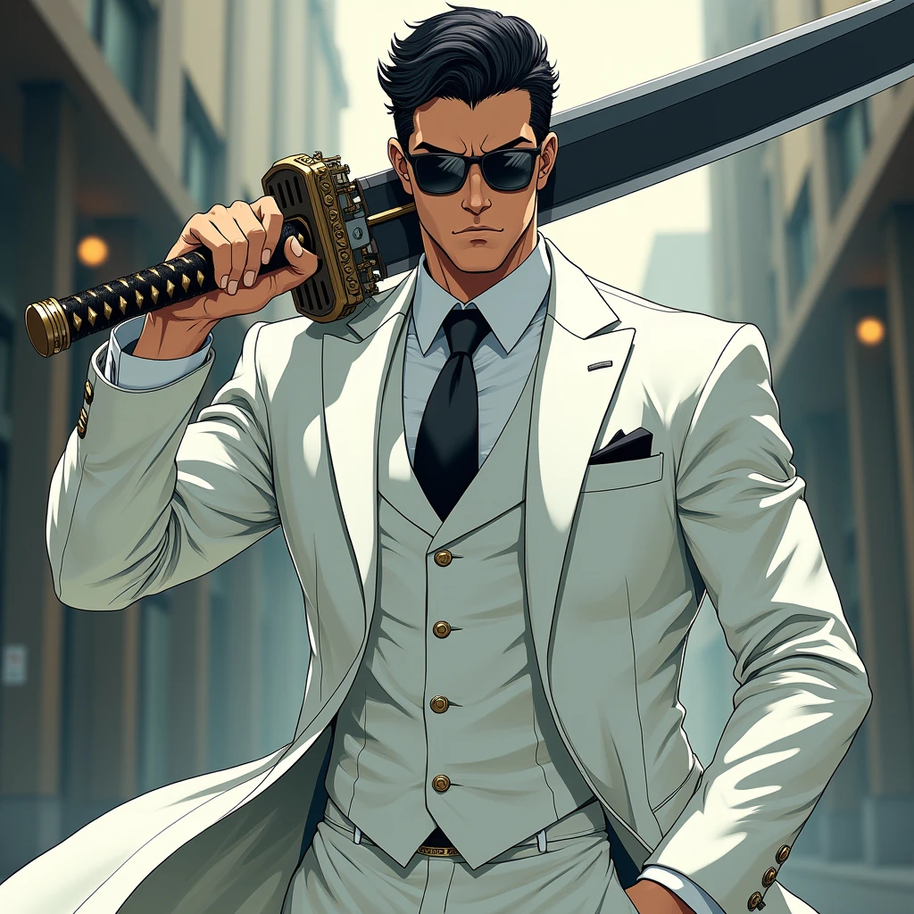anime man in white suit holding a sword and wearing sunglasses, swordsman, badass anime 8 k, handsome guy in demon slayer art, ross tran style, beaten tech. neo noir style, 4 k manga wallpaper, shinkiro toshiaki mori, with large sword, mobile wallpaper, masterpiece epic retrowave art, phone wallpaper, blade
