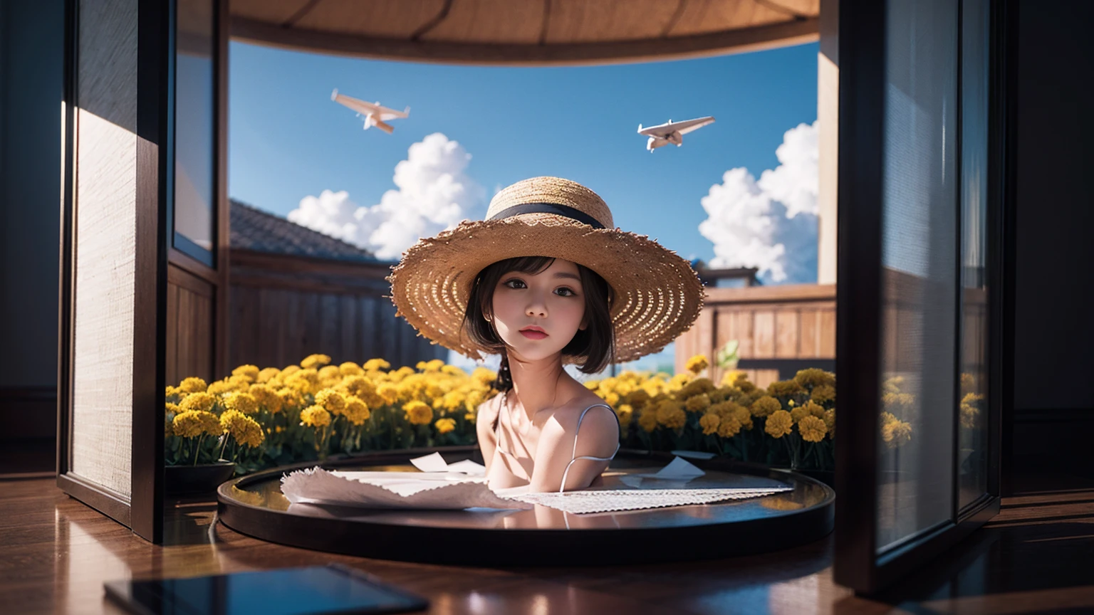 There is a suitcase with a straw hat on top., cloud, atmosphere, leaf, Floating Chrysanthemums, paper airplane, (Miniature: 1.2), 2.5D illustration, 3D Rendering, 3D Modeling, Bubble Mat, Behans 3D Art Trends, Behans 3D Art Trends, 3D illustration, 3D illustration, 3D illustration, Commercial Illustration, Cinema 4D Color Rendering, 3D Rendering stylization, stylized digital illustration, 3D stylized scene, stylized 3D Rendering