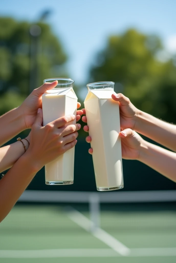 Tennis court background，Several people hold milk cartons and raise their glasses together，Photography