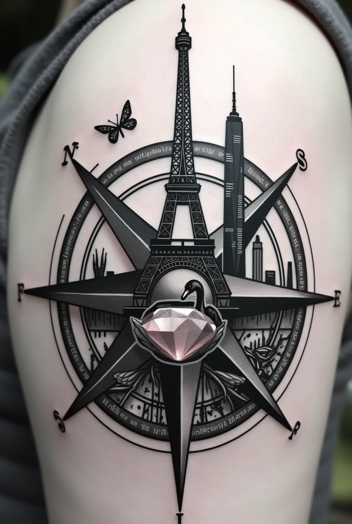Realistic tattoo in black and white compass with Taipei 101 tower, the eiffel tower in paris, a black Swan in the background and a transparent ruby without color merged with the drawings