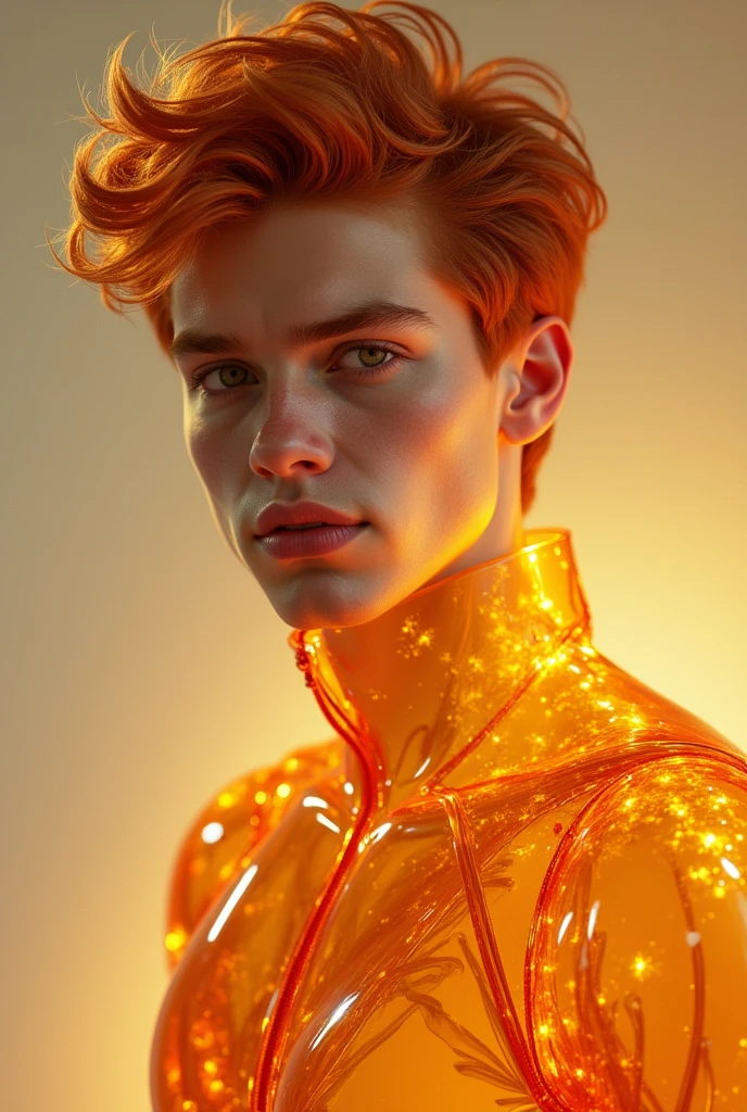 Quarter body photorealistic shots handsome hunky fractal masculine Teen titans  red haired Sunboy.. wearing a orange and yellow citrine transparent crystal chrome glass super suit , look at camera, detailed face parts,, studio as background, Freestyle Pose, Happy Expression, perfect anatomy, symmetric body,, 18 years old,  :: high detail, a lean athletic body, realistic, human skin, extremely detailed fingers,  chad chin,, masculine, human skin, (eyes contact), gorgeous, Attractive. super bulges in action 