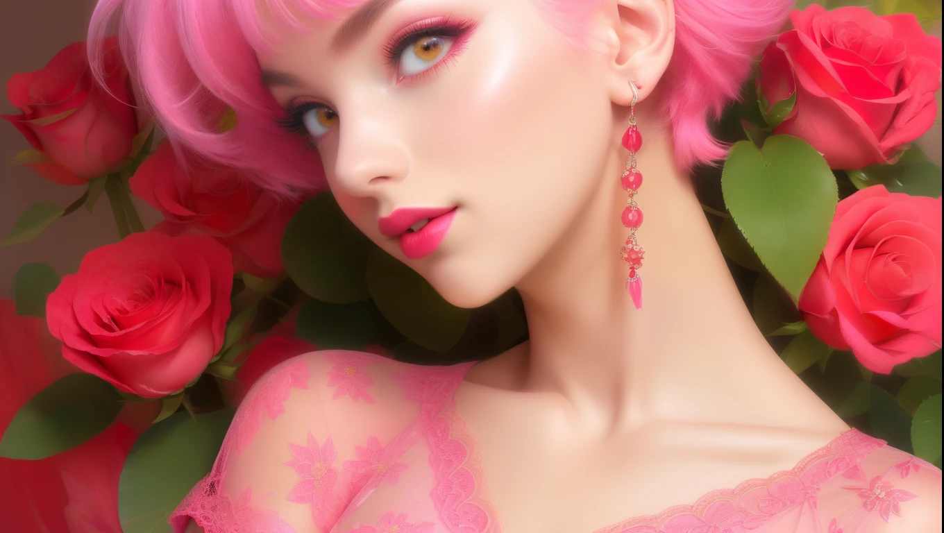 (best quality, ultra-detailed, photorealistic: 1.39), bright and vibrant colors, studio lighting, romantic expression, lips parted, expression of excitement, Beautiful sexy lingerie, lace, choker with pulling chain, light fabric, undercut platinum bobcut pink fluorescent pink hair, small breasts, fit, muscular, short hair, mercenary, front pose, cleavage, bathtub of red roses