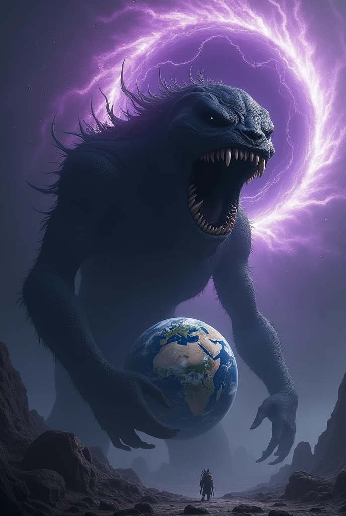 Crushing the Earth, Eyeless、A pitch black humanoid lifeform with a wide gaping mouth。There is a purple object in the background that looks like a black hole.。