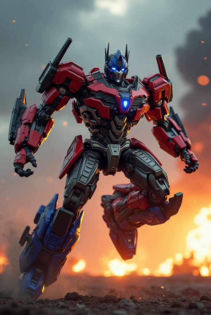 Red white armor. Mediva concept. Samurai Optimus Prime, robot warrior, leaping against dark cloudy sky, intense battle background, dynamic explosion effects, cinematic lighting, highly detailed, 8K, (best quality,4k,8k,highres,masterpiece:1.2),ultra-detailed,(realistic,photorealistic,photo-realistic:1.37),epic action scene,dramatic pose,intricate mechanical design,glowing energy,sparks,dust,devastation,cinematic angle,dramatic lighting