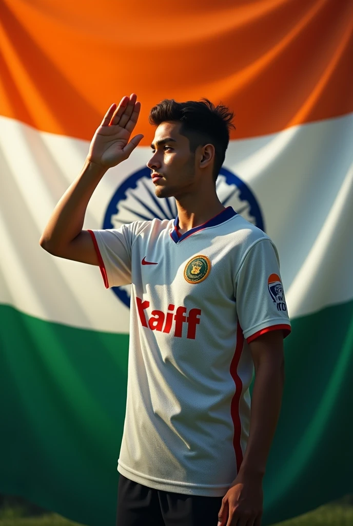 A mature boy salute Indian flag and Indian back ground Jersey name kaif 