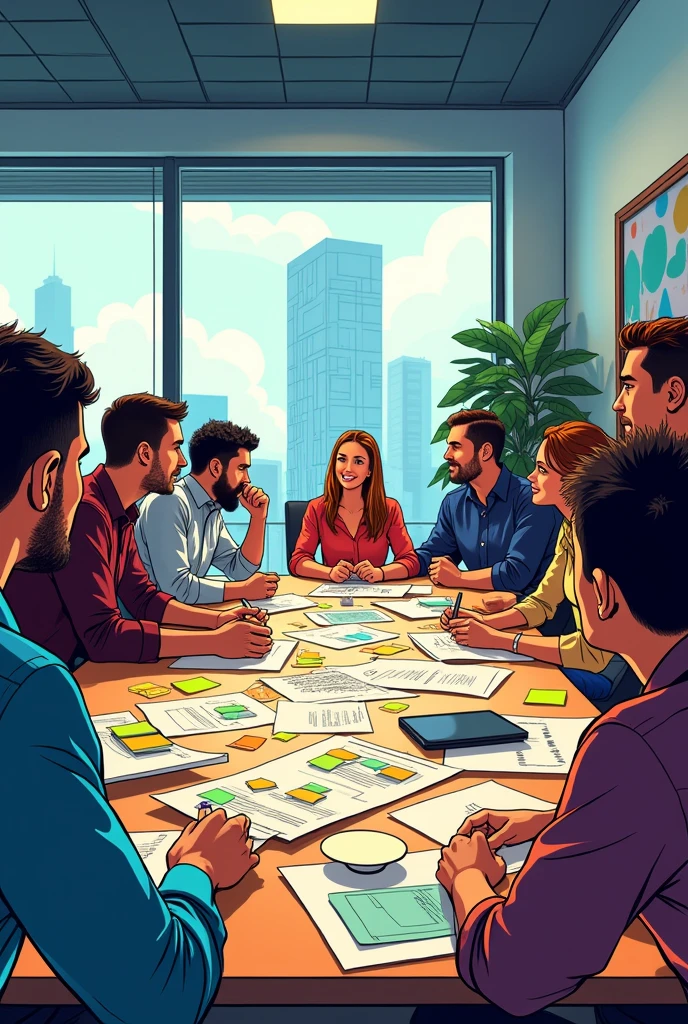 • Comic-style image of a modern conference room with a large table and chairs with people sitting on it • The table is full of papers, Sketches and post-its with written ideas.
• The group collaborating. exchanging ideas and smiling.