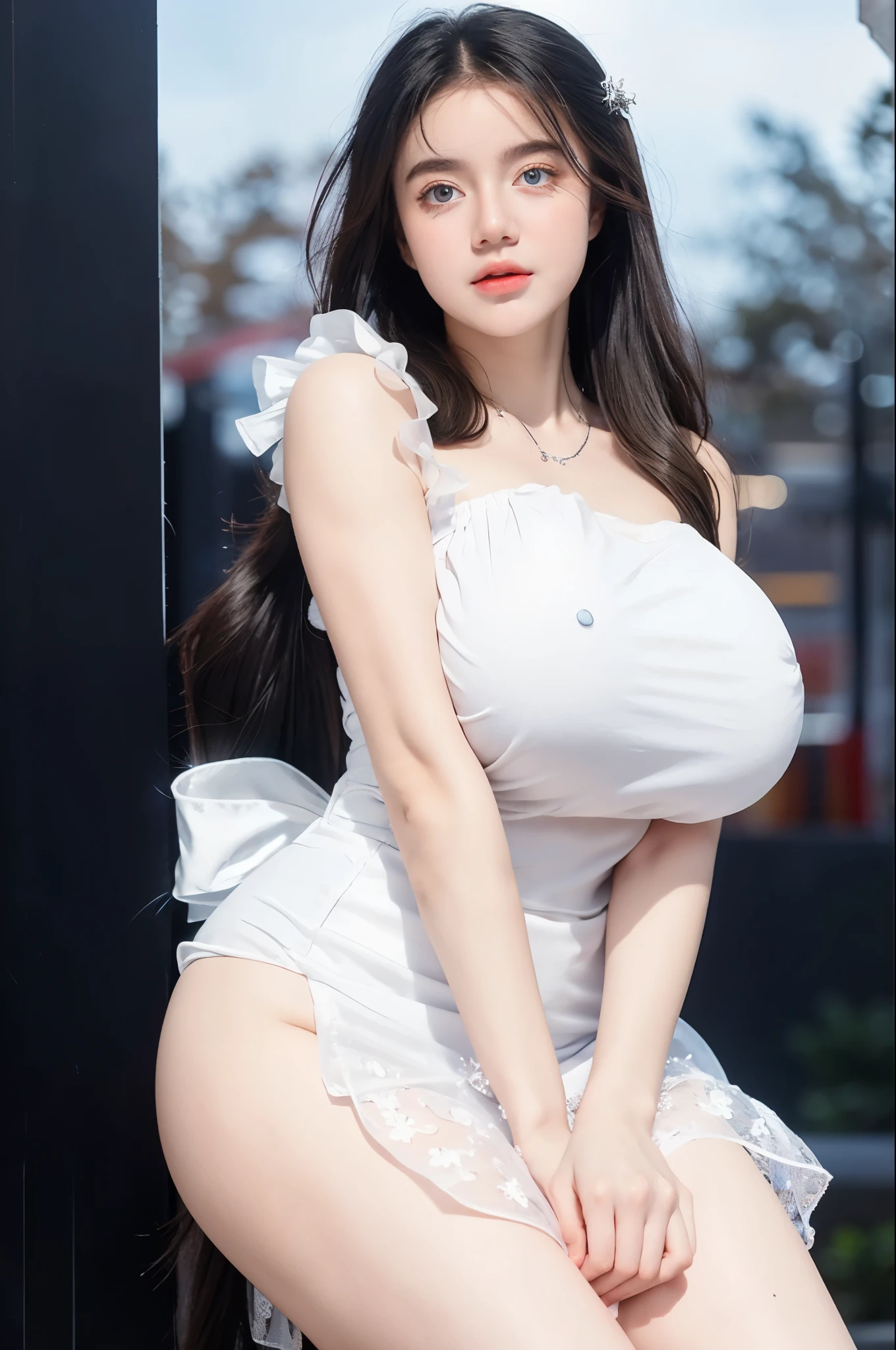 Georgeous, Beautiful, Cute, , 18 Years Old, Whitkin, Cleavage, ((Large Colossal Breast:1.3)), Sleeveless, Off Shoulder, Strapless, ((Transparent:1.3)), ((White Long Lolita Dress)), (Embroidery), Posing, ((Silver Hair)), ((Bright Blue Eye)), ((Muscles:1.2)), ((Bokeh:1.3)), Animal Farmer Background, Masterpiece, Twintails, Arms Up