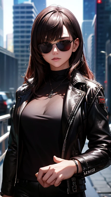 best quality, high quality, ultra quality, 8k, masterpiece, detailed, extremely detailed, insanely detailed, ultra detailed, ultra highres ,exquisite,
lifelike Images,cinematic experience,UHD picture,Realistic,photorealistic,hyperrealistic,vivid,RAW photo,shot by DSLR, One girl, (black leather jacket:1.3), white tank top, black leather pants, cyberpunk city,sunglasses