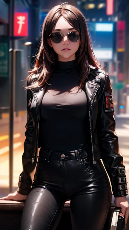 best quality, high quality, ultra quality, 8k, masterpiece, detailed, extremely detailed, insanely detailed, ultra detailed, ultra highres ,exquisite,
lifelike Images,cinematic experience,UHD picture,Realistic,photorealistic,hyperrealistic,vivid,RAW photo,shot by DSLR, One girl, (black leather jacket:1.3), white tank top, black leather pants, cyberpunk city,sunglasses