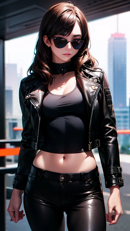 best quality, high quality, ultra quality, 8k, masterpiece, detailed, extremely detailed, insanely detailed, ultra detailed, ultra highres ,exquisite,
lifelike Images,cinematic experience,UHD picture,Realistic,photorealistic,hyperrealistic,vivid,RAW photo,shot by DSLR, One girl, (black leather jacket:1.3), white tank top, black leather pants, cyberpunk city,sunglasses