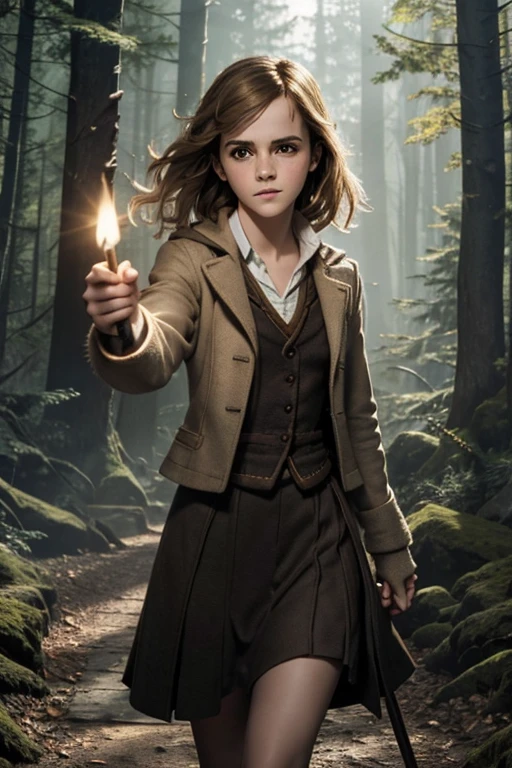 Full body a girl holding a Magic wand ,Harry Potter clothing