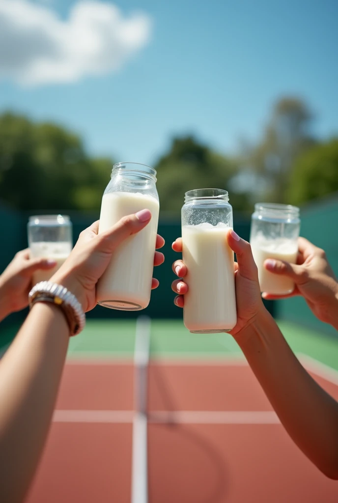 Tennis court background，Several people hold milk cartons and raise their glasses together，Photography