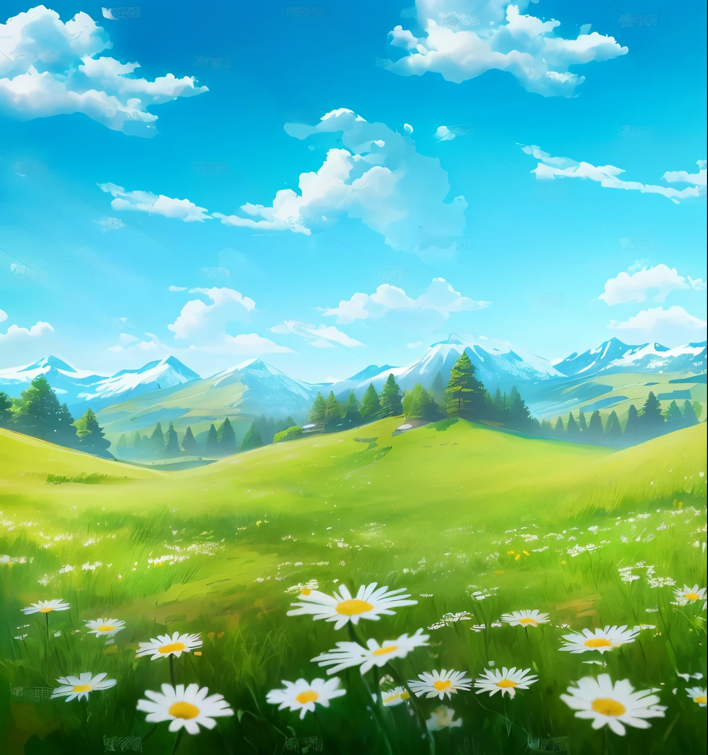 There is a field full of daisies,A mountain in the background, Grassland background, Anime rural scenery, Detailed scenery —width 672, Very detailed scene, Very detailed background, Natural scenery background, Grass in the background, Very detailed high resolution, Beautiful landscape background, Flower field background, background technologywork, Beautiful mountain background, background technology, very very very beautiful scenery