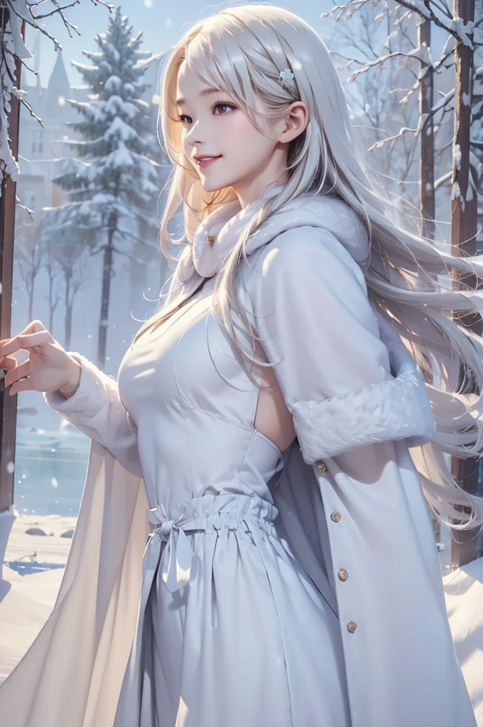 (the upper body:1.5).masterpiece、Highest quality、1 girl, winter, platinum blonde hair, Cute girl, smile, close mouse, medium breasts, sideboob:1.4, white dress, winter clothes, long skirt, Fur coat、Small waist、Thin legs、outdoors, front of the lake, snow falling, Prayer Pose, join hands, from side:1.5, side view,
