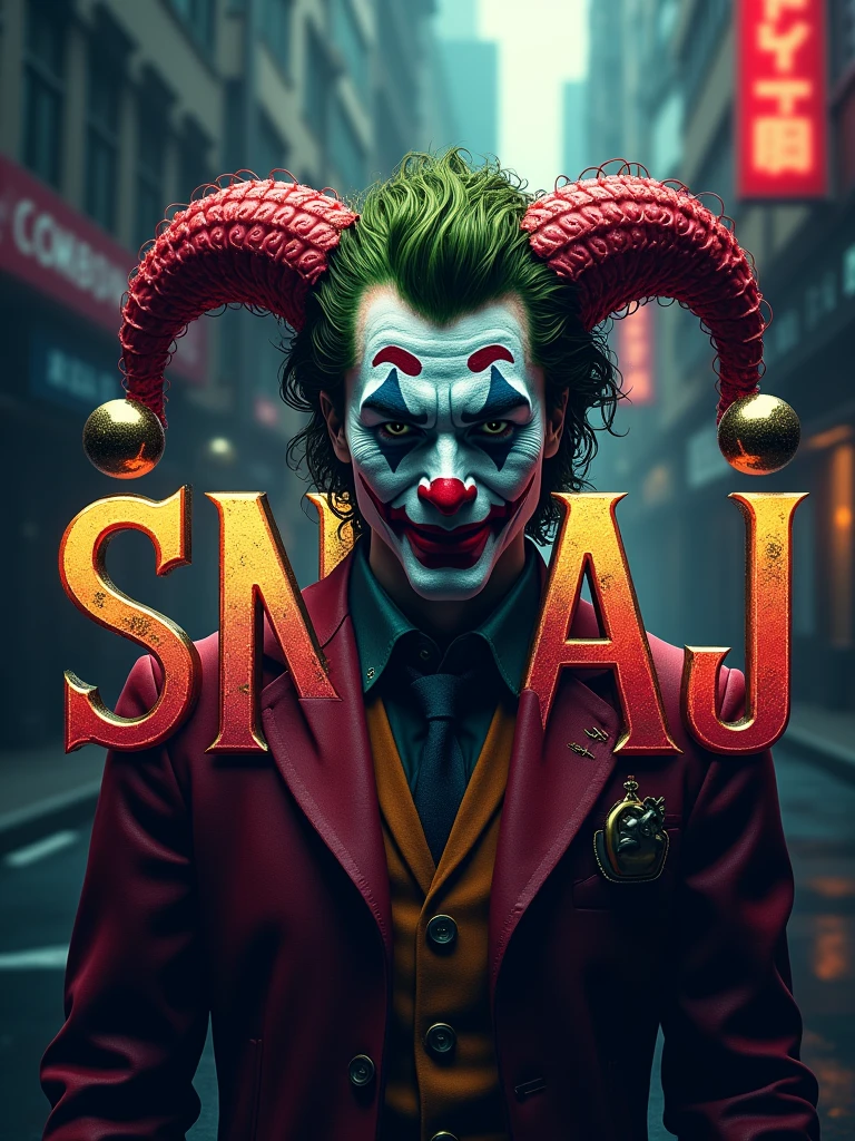 logo "snvaj" stylish letter logo front, background joker , realistic and attitude with logo joker
