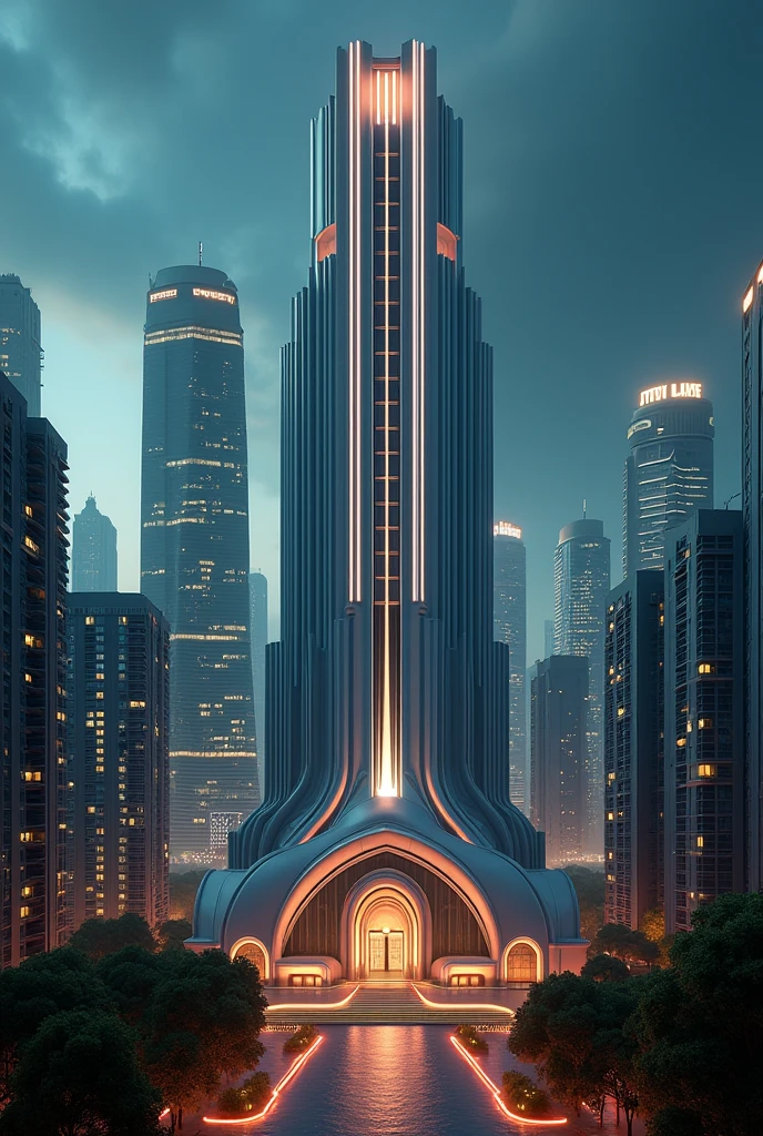 capital building, city hall, city centre, super tall, super tall city hall, mile high, multiple buildings, birdseye view ,art deco design，streamline moderne，futuristic architecture, Abstraction，modern style，Luxury and Luxury，Future night view，Futuristic decorative elements，Metallic，number line，sci-fi lamp，Virtual Engine，Unreal rendering, neon lights, greenery,