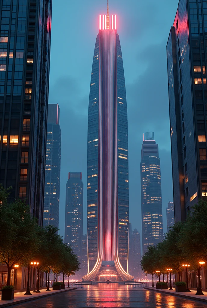 capital building, city hall, city centre, super tall, super tall city hall, mile high, multiple buildings, birdseye view ,art deco design,streamline moderne,futuristic architecture, Abstraction,modern style,Luxury and Luxury,Future night view,Futuristic decorative elements,Metallic,number line,sci-fi lamp,Virtual Engine,Unreal rendering, neon lights, greenery,