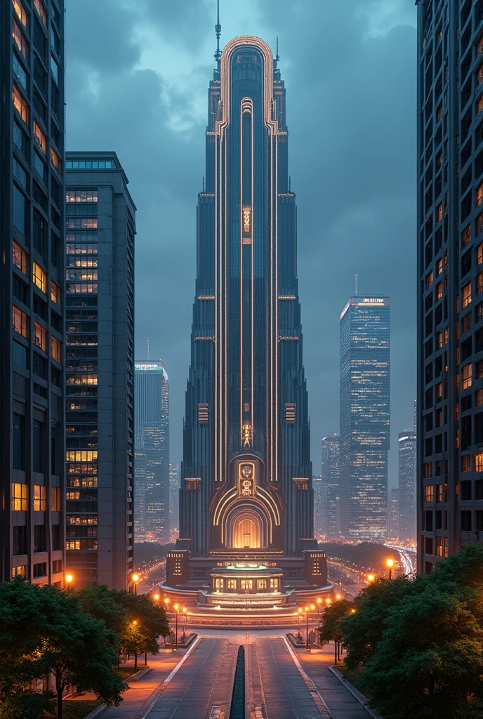 capital building, city hall, city centre, super tall, super tall city hall, mile high, multiple buildings, birdseye view ,art deco design,streamline moderne,futuristic architecture, Abstraction,modern style,Luxury and Luxury,Future night view,Futuristic decorative elements,Metallic,number line,sci-fi lamp,Virtual Engine,Unreal rendering, neon lights, greenery,